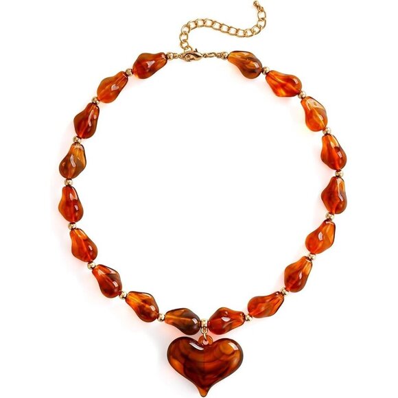 Jewelry - Women's Adjustable Y2K Style Statement Chunky Beaded Choker Puffy Heart Necklace